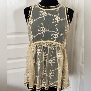 NWOT |  | POL | Floral Lace Sheer Top Ruffle Sleeveless Sheer - Size M